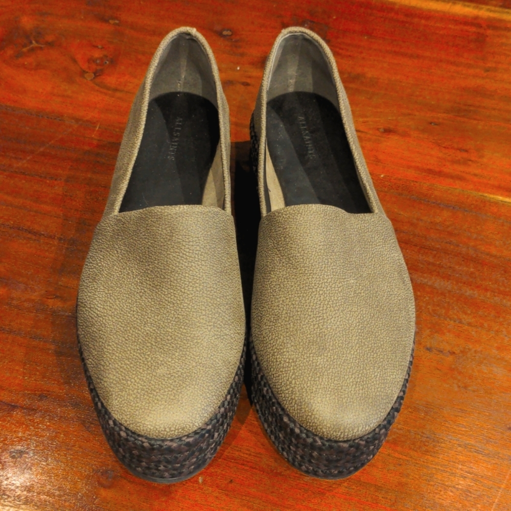 All Saints Bora Braided Platform Olive Green Suede Slip On Shoe Sneaker